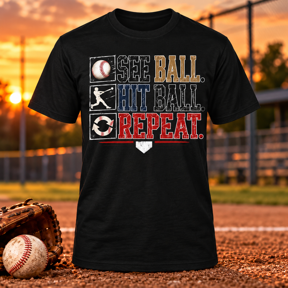 See Ball Hit Ball Repeat baseball T-shirt in black