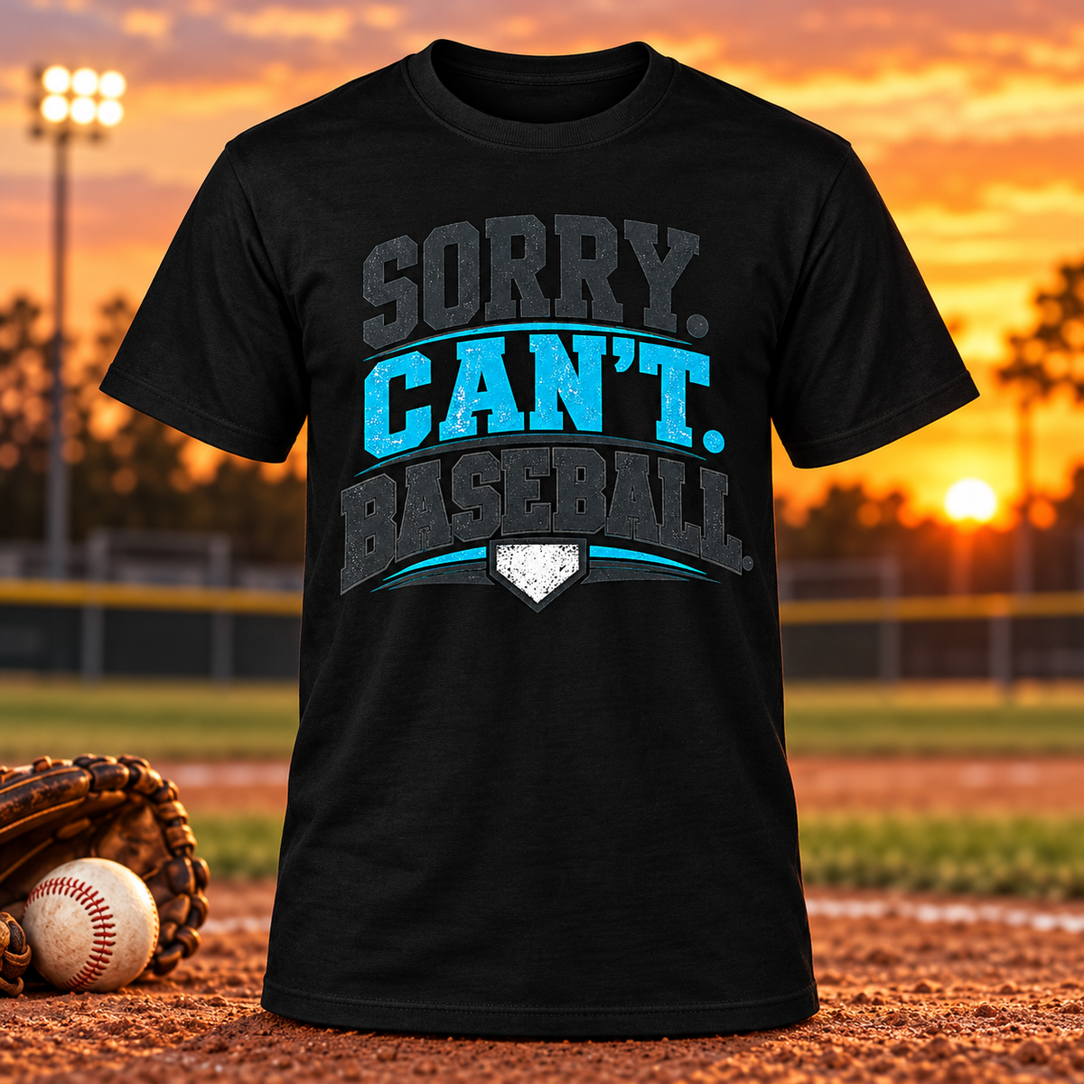 Sorry Can't Baseball T-shirt in black