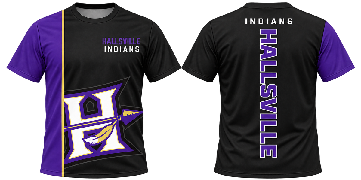 Hallsville Indians Centered Logo All-Over-Print Shirt front and back mockup