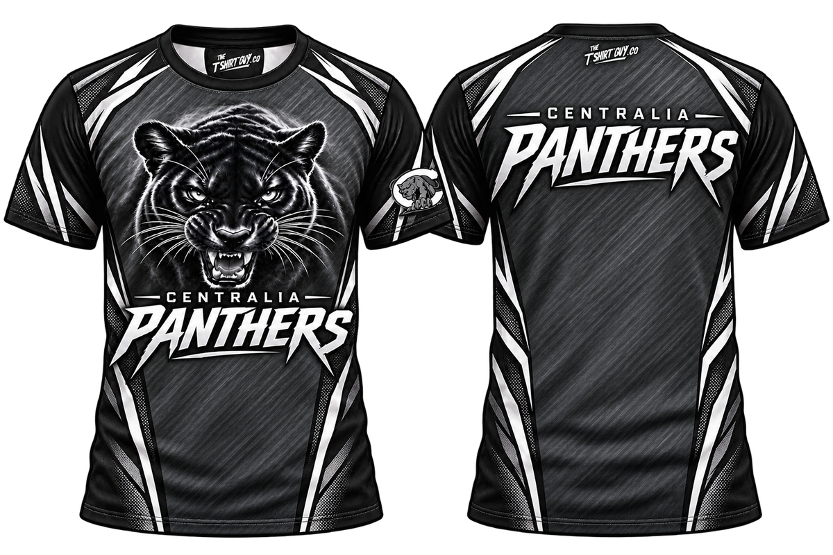 Centralia Panthers Charcoal All-Over-Print Shirt front and back mockup