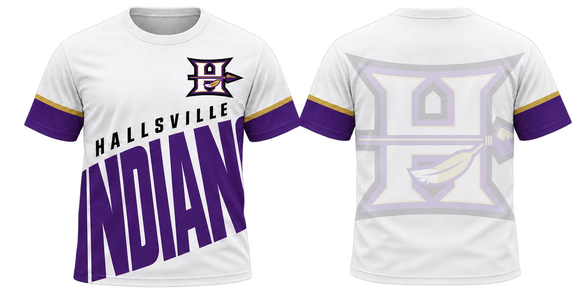 Hallsville Indians White Diagonal All-Over-Print Shirt front and back mockup