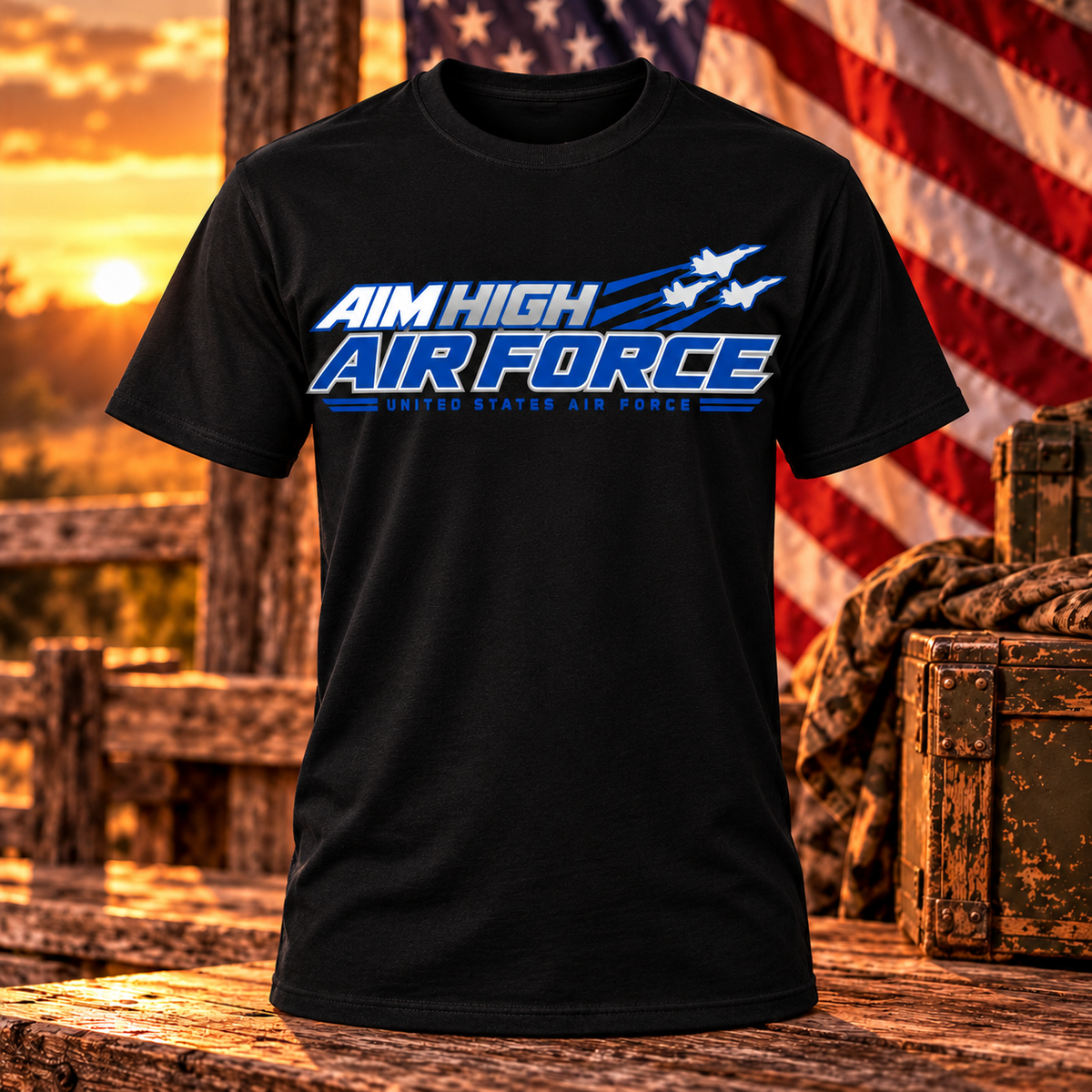 Black Aim High United States Air Force T-shirt with jet silhouettes