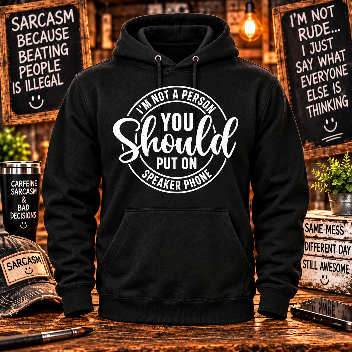 Do Not Put Me on Speaker Phone Black Hoodie with themed background