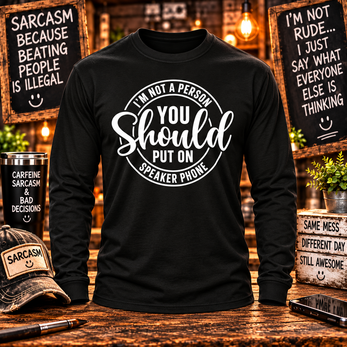 Do Not Put Me on Speaker Phone Black Long Sleeve with themed background