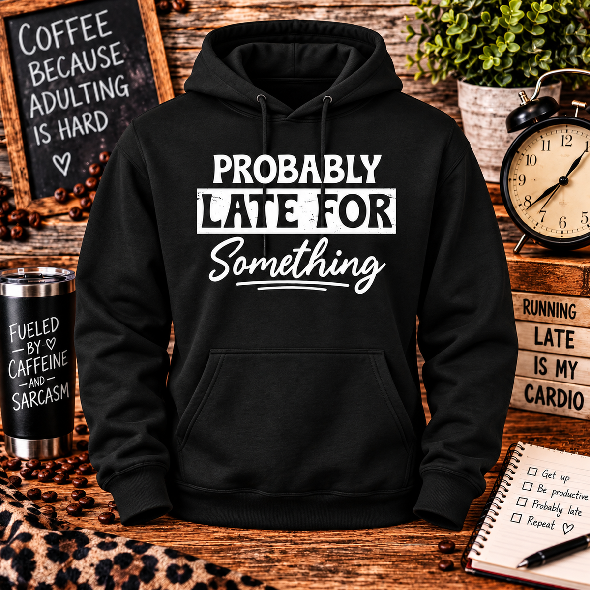 Probably Late for Something Black Hoodie with themed background