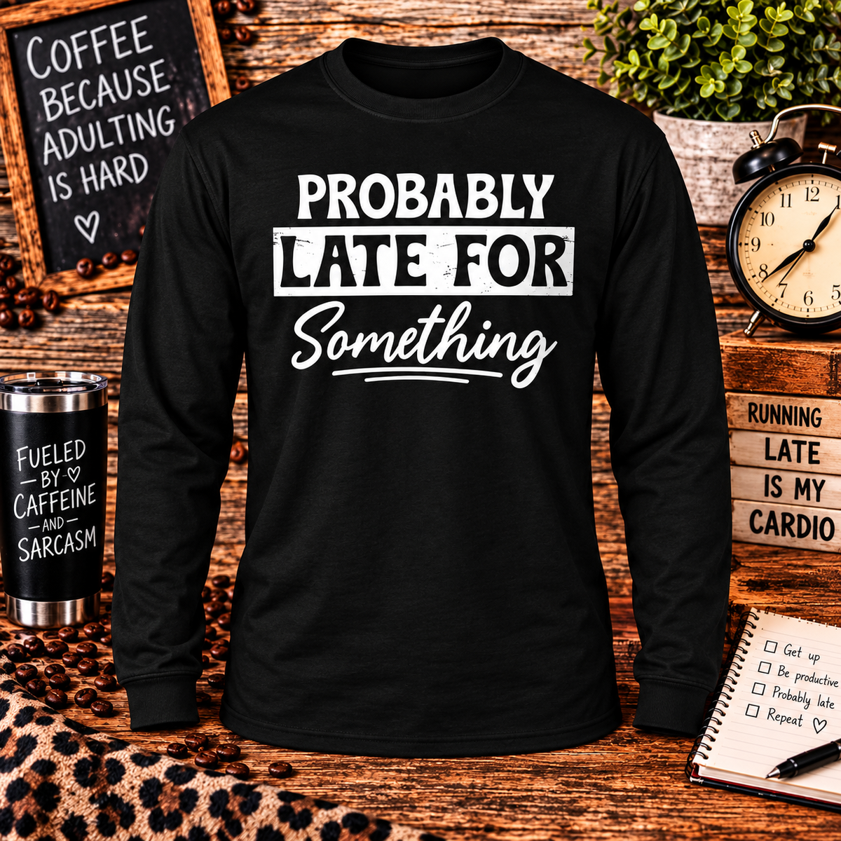 Probably Late for Something Black Long Sleeve with themed background