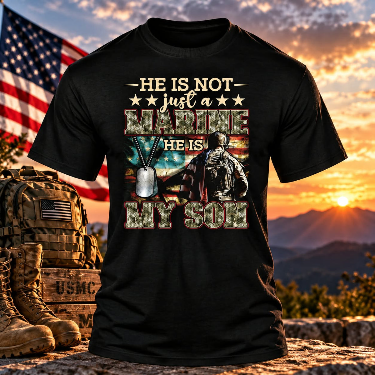 He Is My Son — Veteran Black T-shirt with themed background