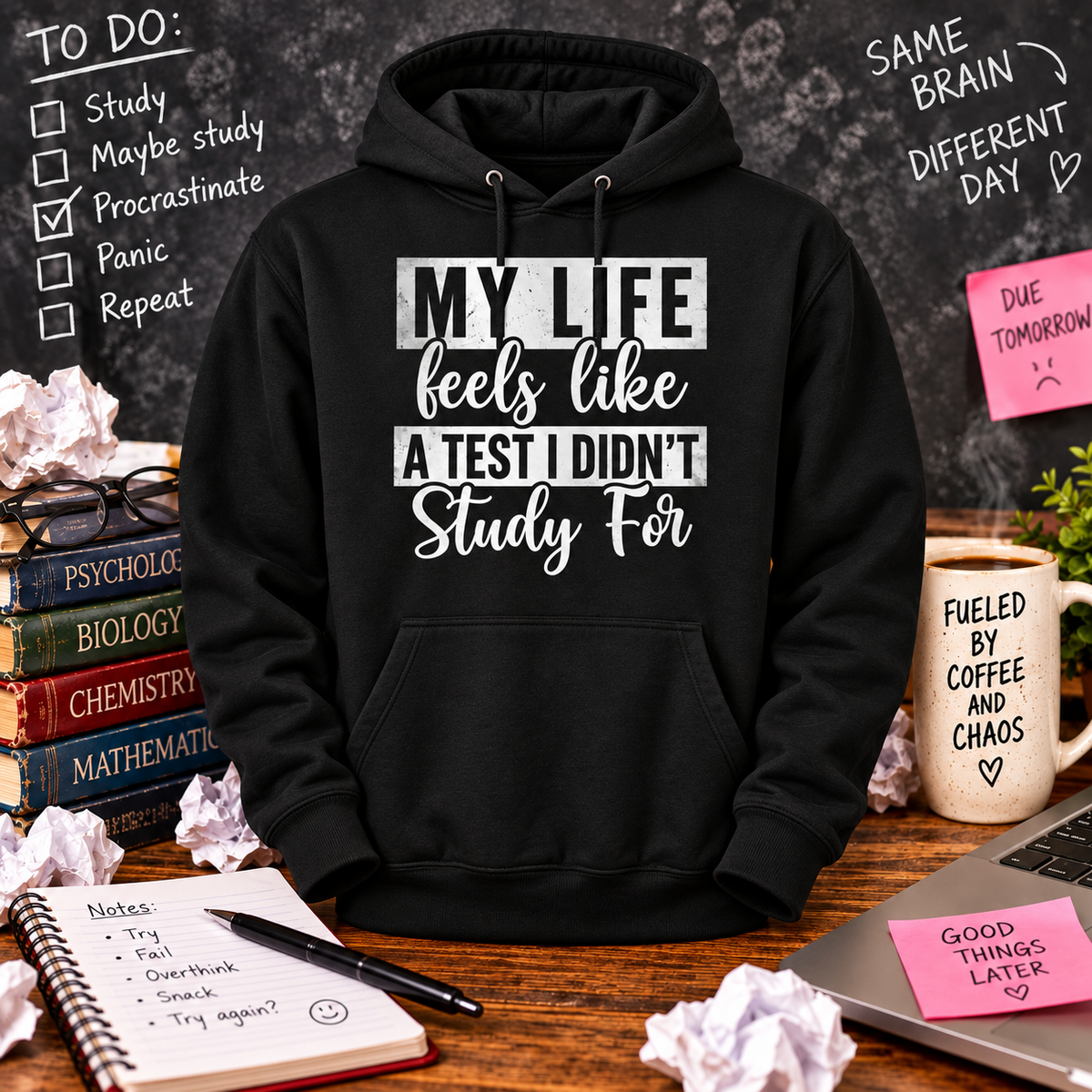 My Life Feels Like a Test Black Hoodie with themed background