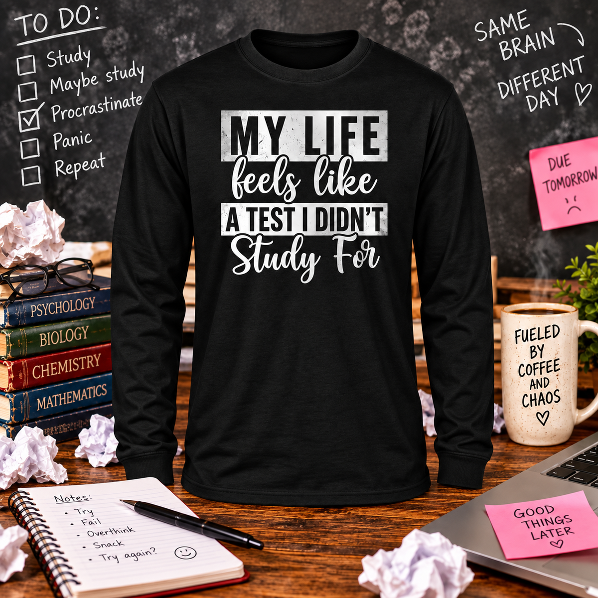 My Life Feels Like a Test Black Long Sleeve with themed background