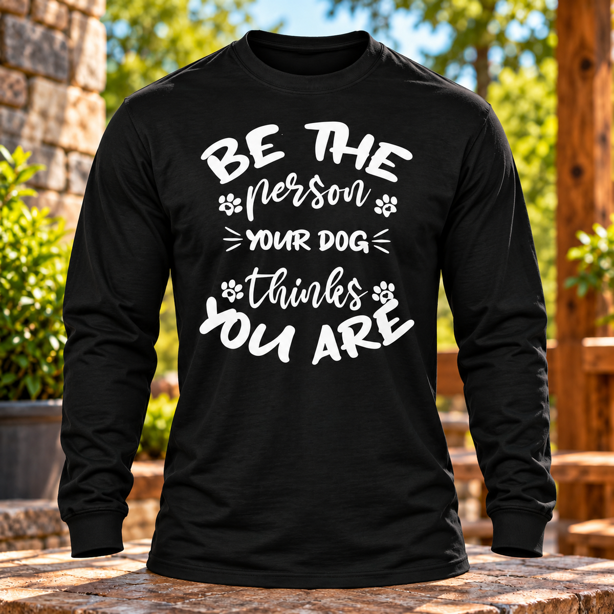 Be the Person Your Dog Thinks You Are Black Long Sleeve with themed background