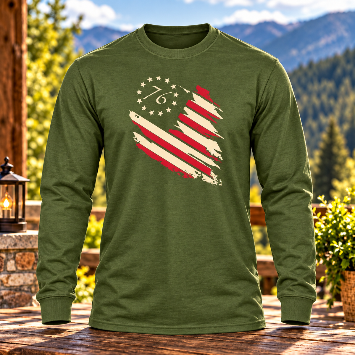 Distressed Patriotic Flag Military Green Long Sleeve with themed background