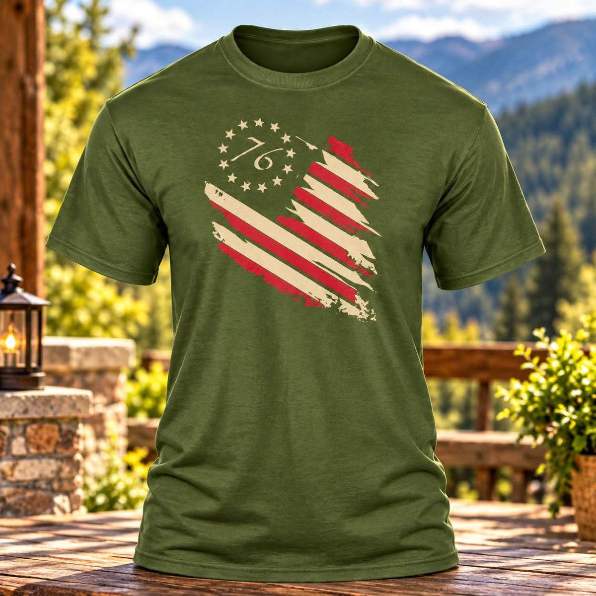 Distressed Patriotic Flag Military Green T-shirt with themed background