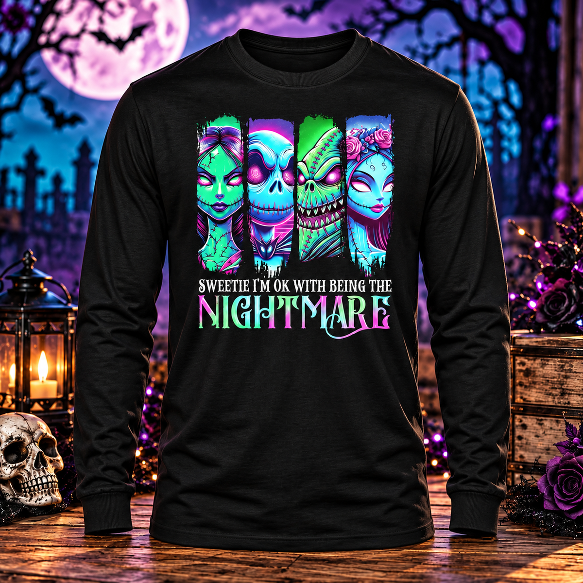 Sweetie I’m OK with Being the Nightmare Black Long Sleeve with themed background