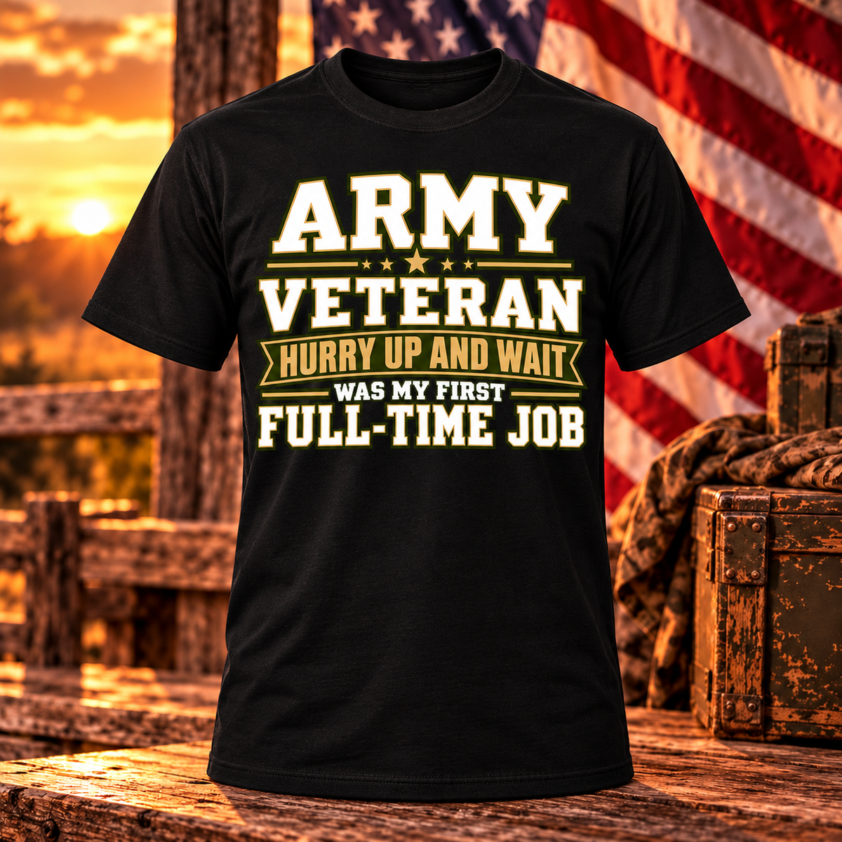Black Army veteran T-shirt reading hurry up and wait was my first full-time job