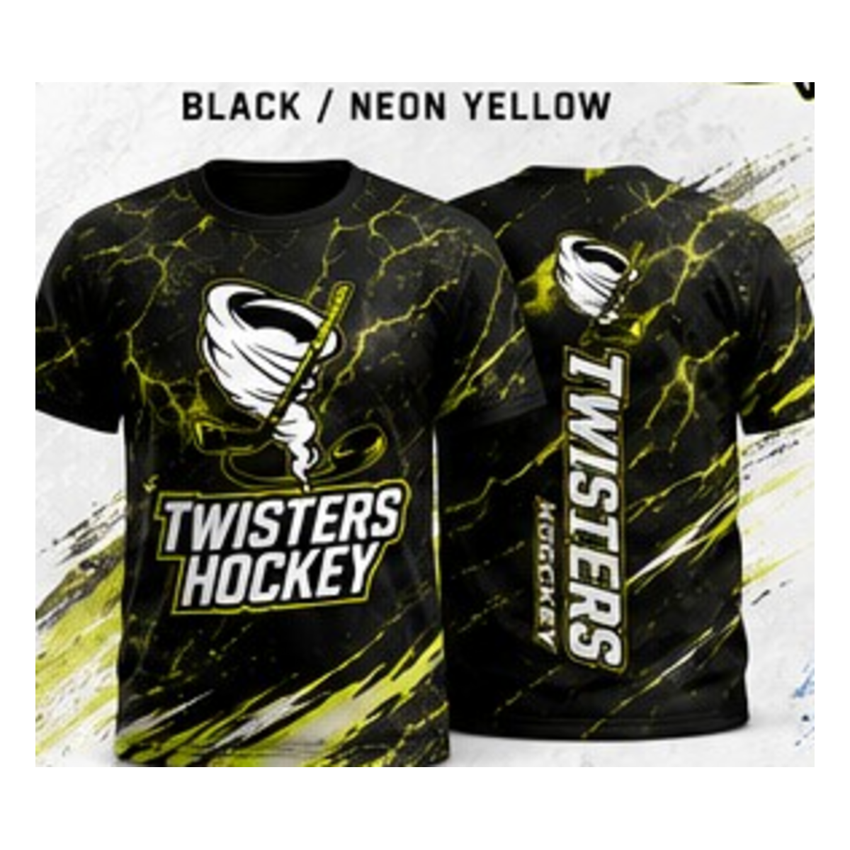 Twisters Black / Neon Yellow performance T-shirt front and back