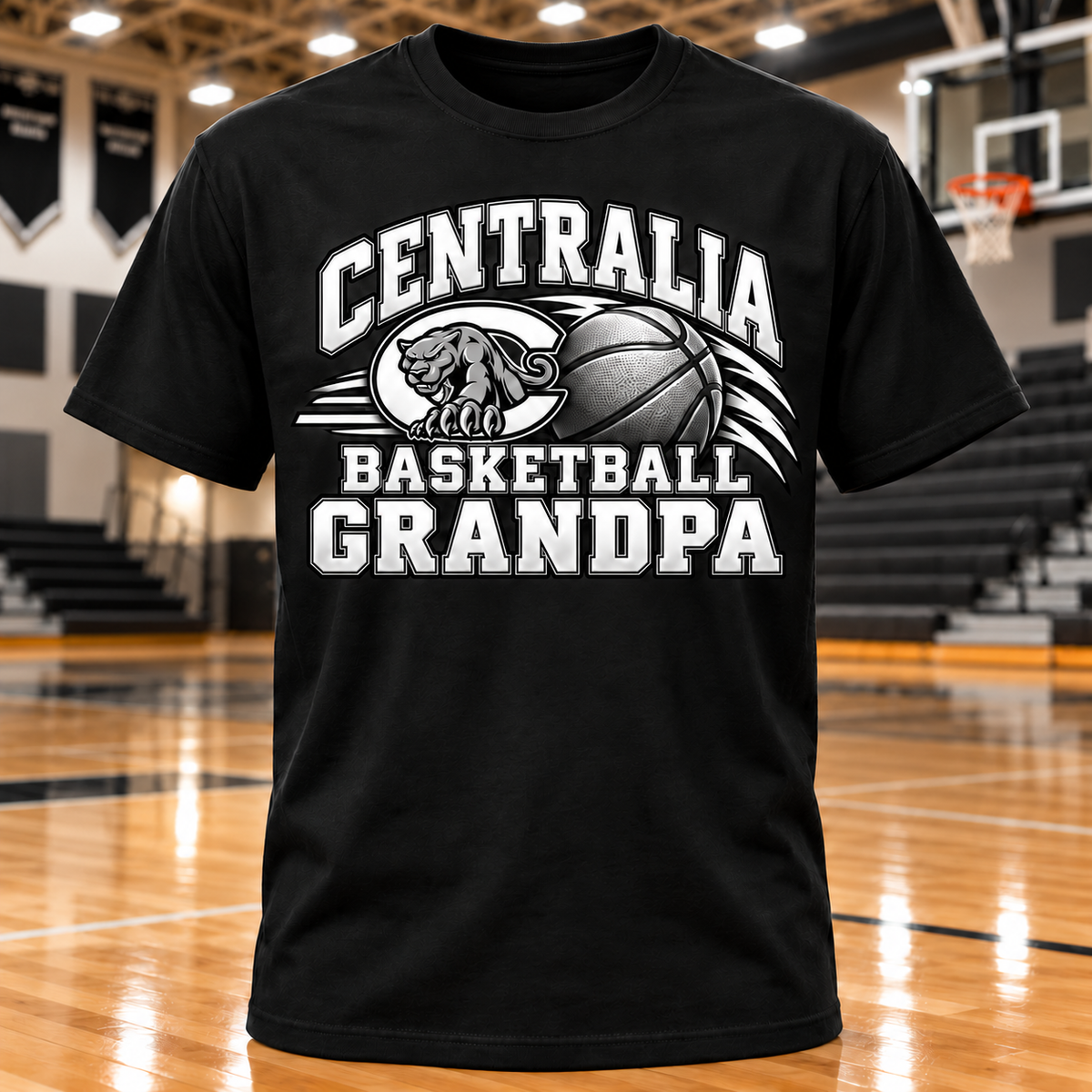Centralia Panthers Basketball Grandpa T-Shirt with basketball gym background