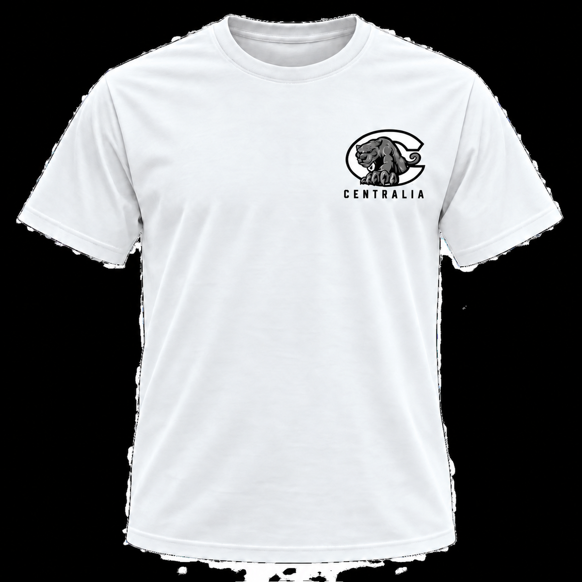 Centralia Panthers white T-shirt with complete panther tail on left-chest logo