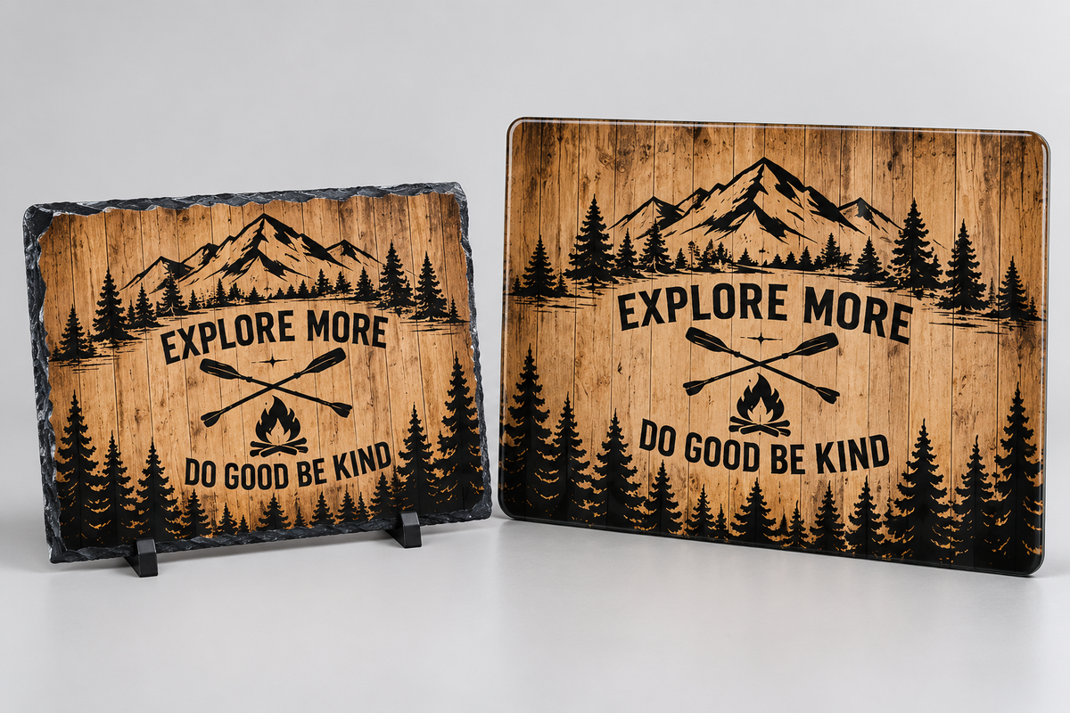 Explore More slate and cutting board — choose one format