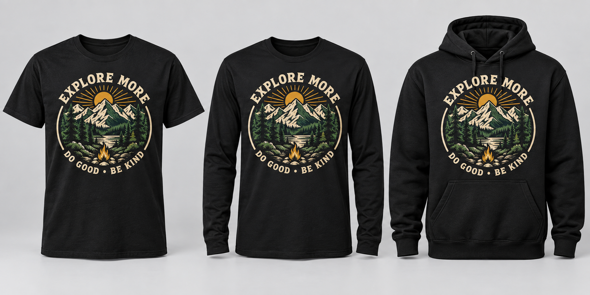 Explore More outdoor mountain badge on black T-shirt, long sleeve and hoodie