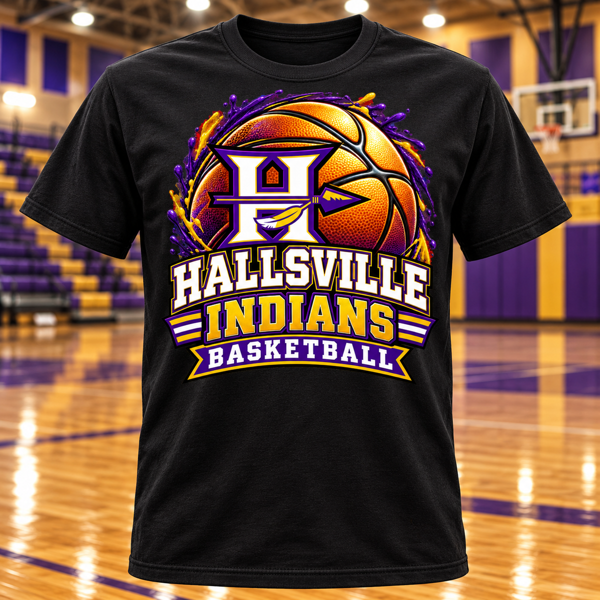Hallsville Indians Basketball Fan T-Shirt with basketball gym background