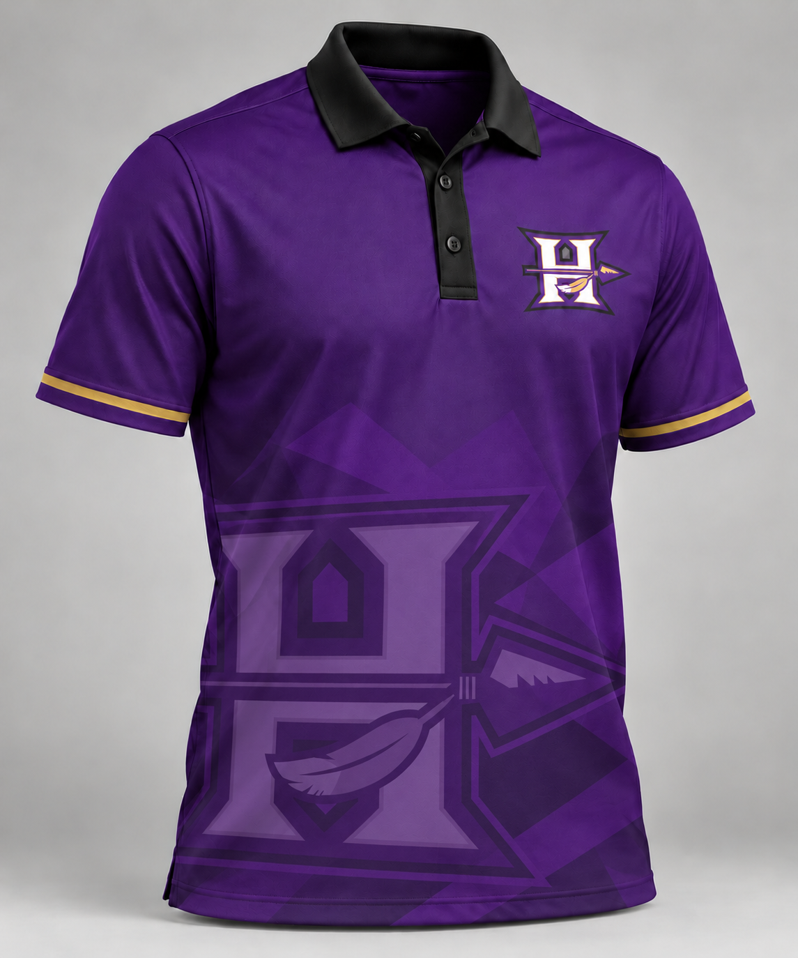 Hallsville Indians Purple / Gold sublimated polo with left-chest logo and oversized tonal logo