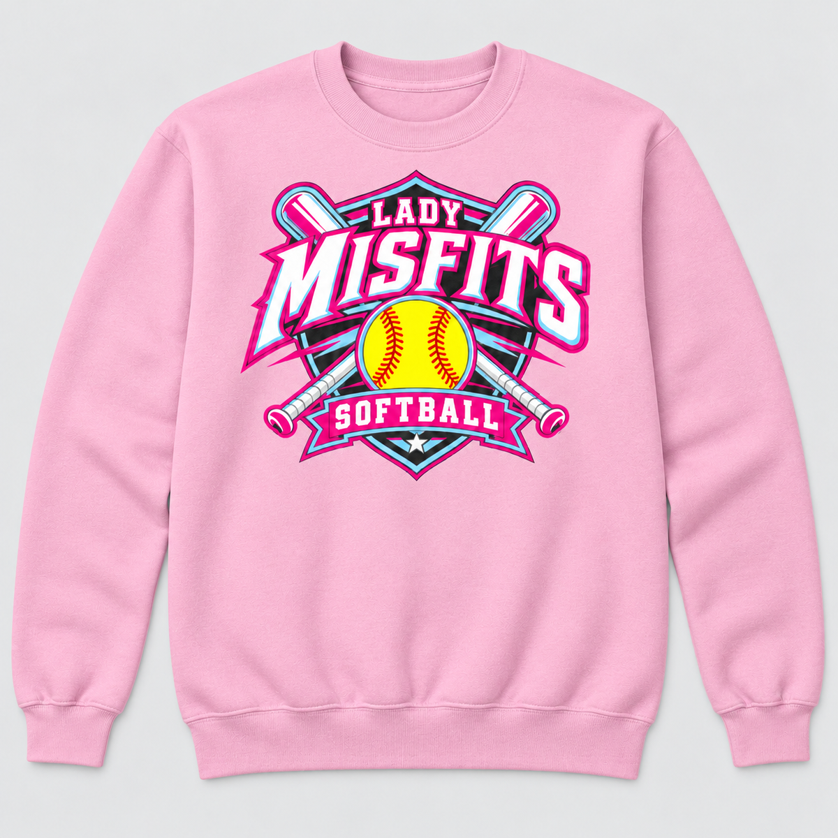 Lady Misfits 12U Crossed Bats Crest design on Gildan Heavy Blend Crewneck Sweatshirt in Light Pink