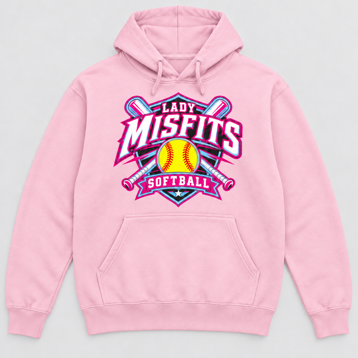 Lady Misfits 12U Crossed Bats Crest design on Gildan Heavy Blend Hoodie in Light Pink