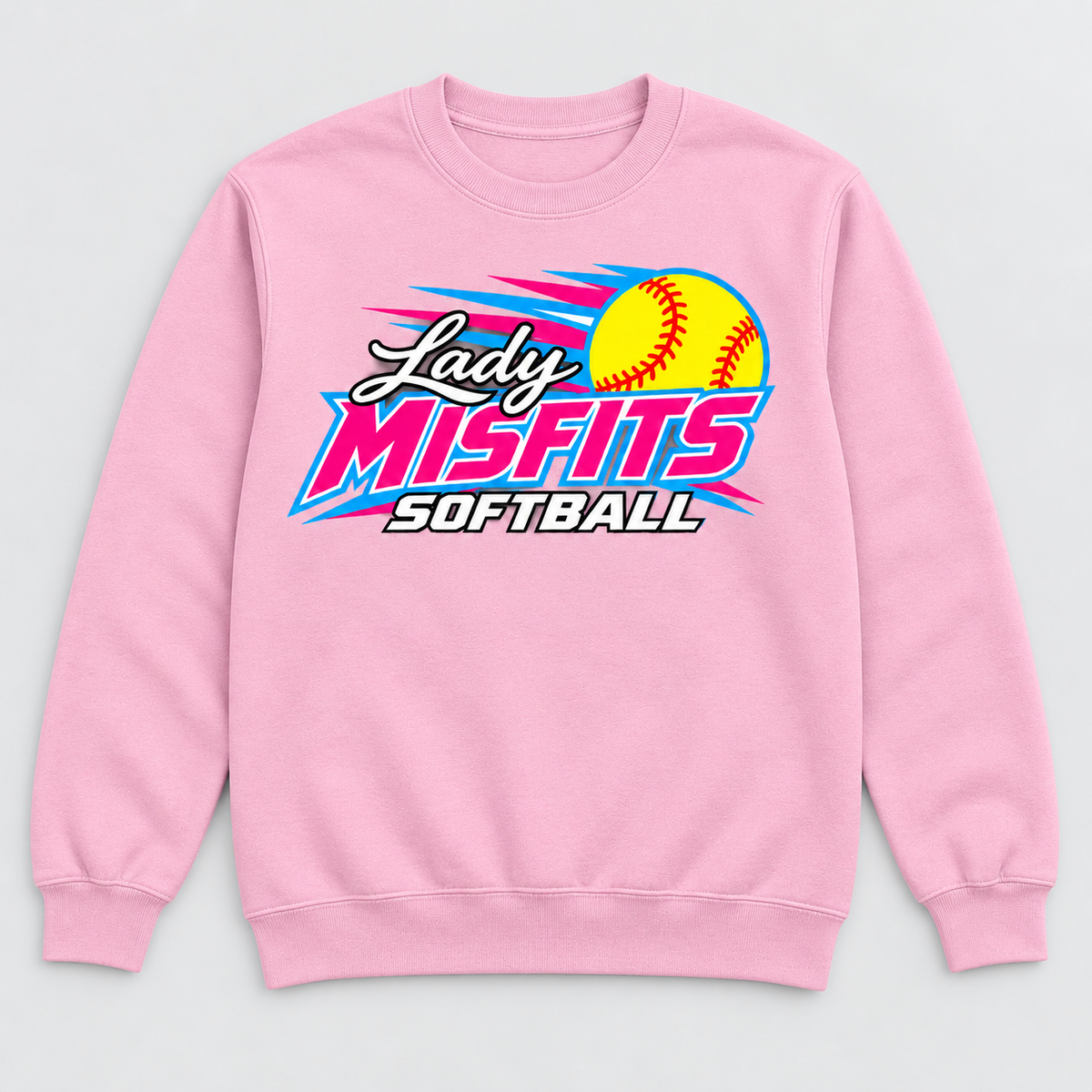 Lady Misfits 12U Fastpitch Streak design on Gildan Heavy Blend Crewneck Sweatshirt in Light Pink