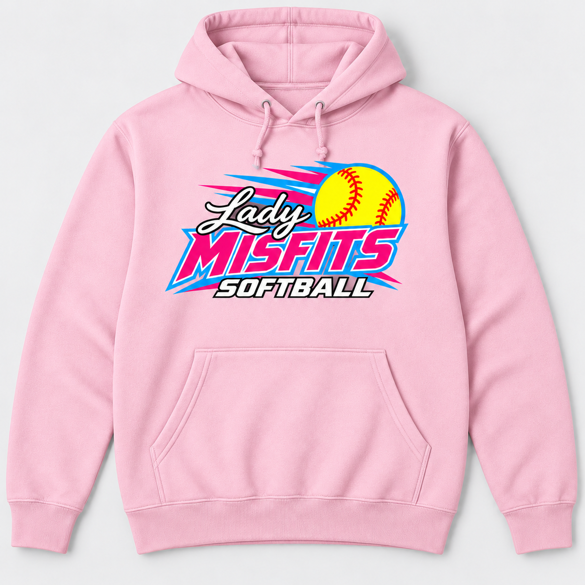 Lady Misfits 12U Fastpitch Streak design on Gildan Heavy Blend Hoodie in Light Pink
