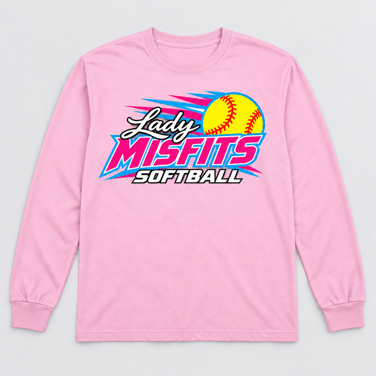 Lady Misfits 12U Fastpitch Streak design on Gildan Heavy Cotton Long Sleeve in Light Pink