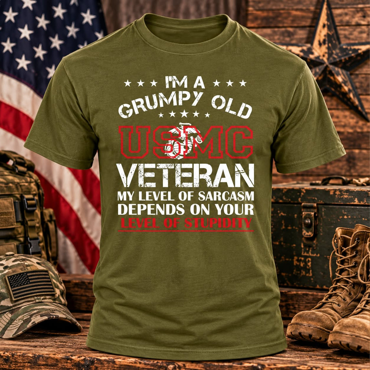 Grumpy Old USMC Veteran Military Green T-shirt with themed background