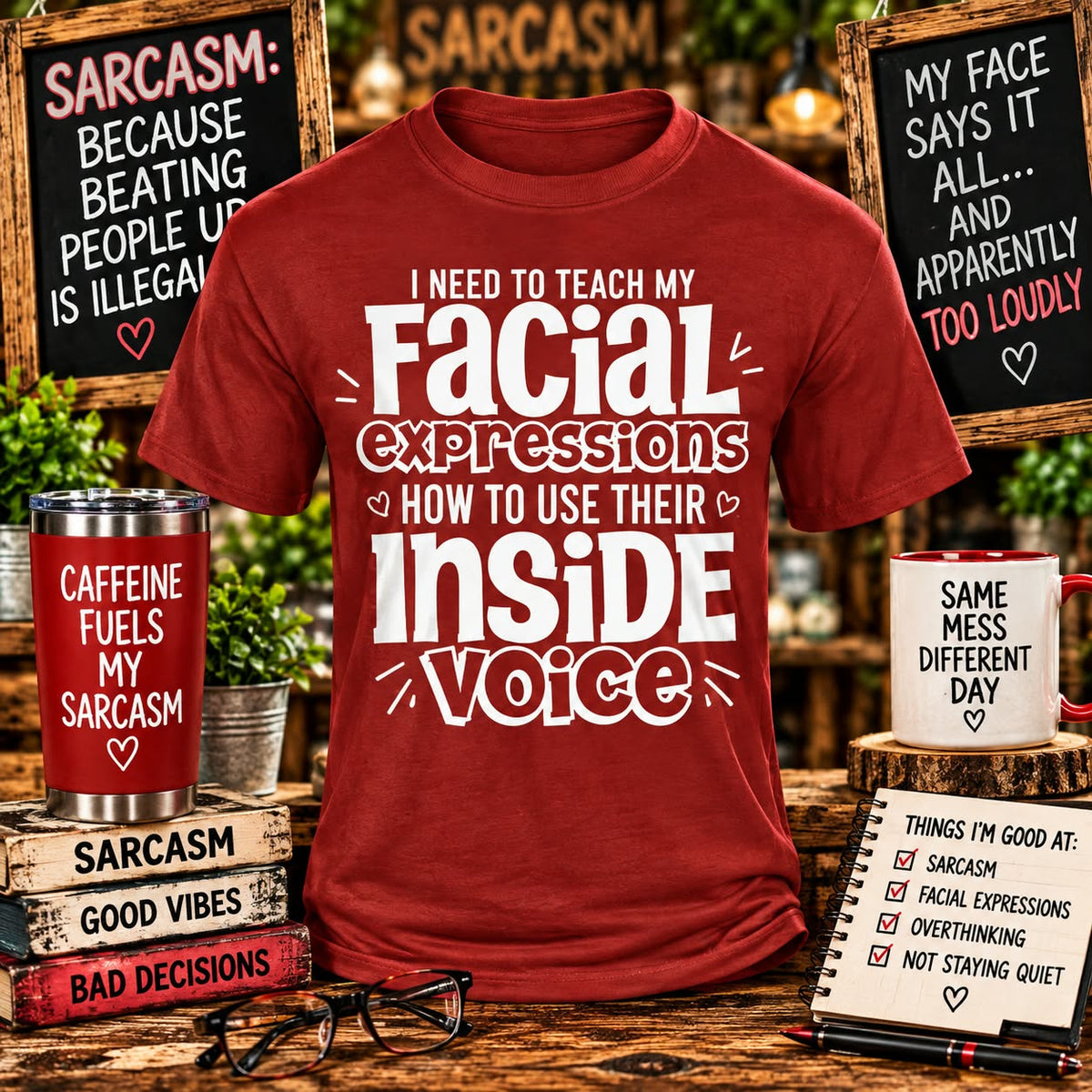 Inside Voices Red T-shirt with themed background