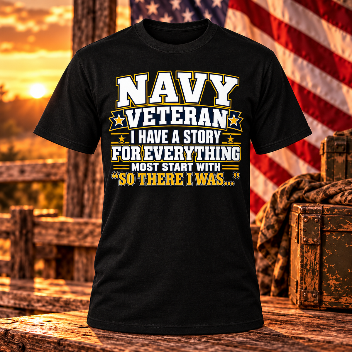 Black Navy veteran T-shirt reading I have a story for everything