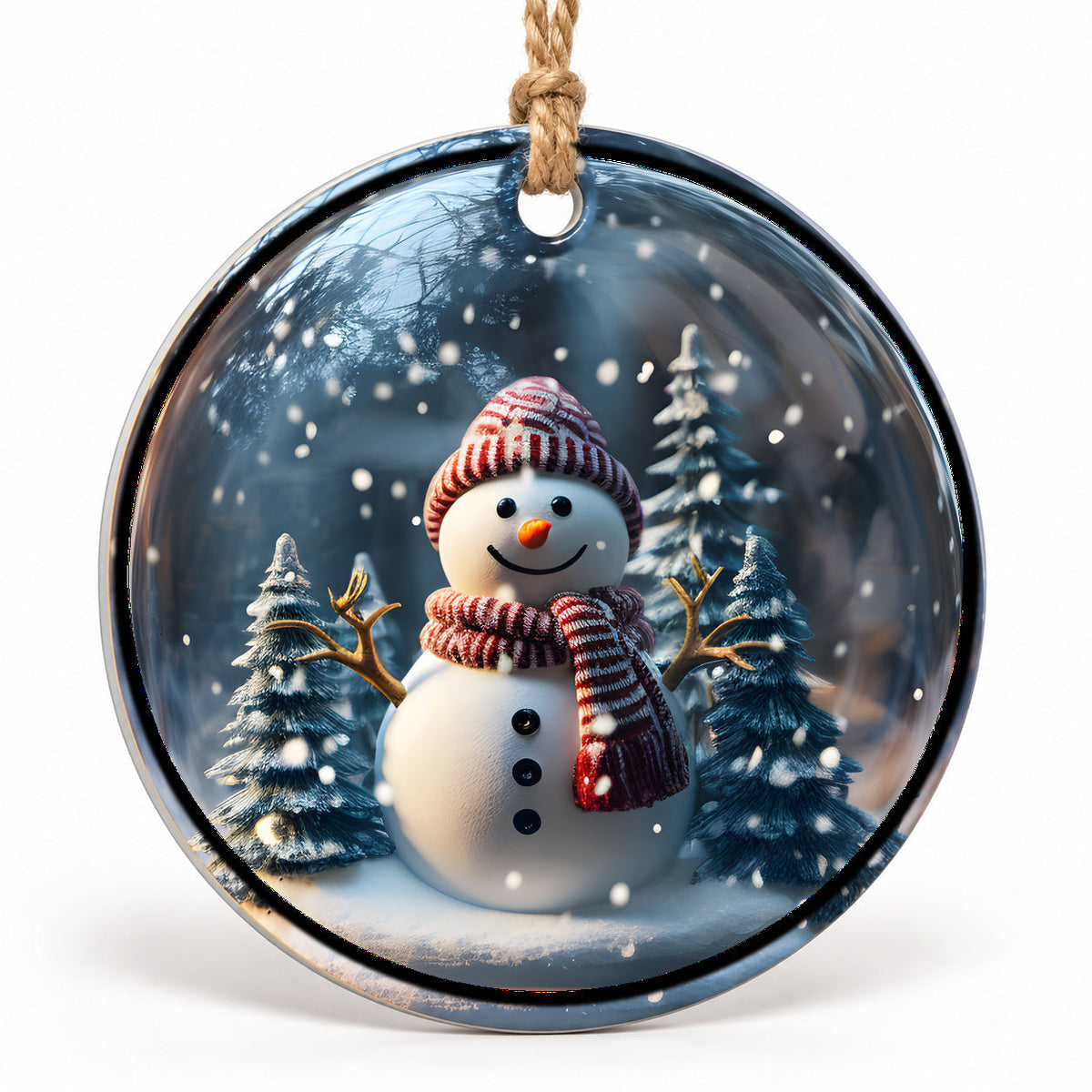 Snowman Forest Flat Sublimation Ornament – Design 01 shown as a flat round ornament with drilled hole and jute hanging cord