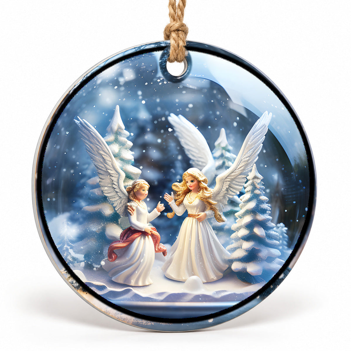 Christmas Angels in Blue Flat Sublimation Ornament – Design 23 shown as a flat round ornament with drilled hole and jute hanging cord