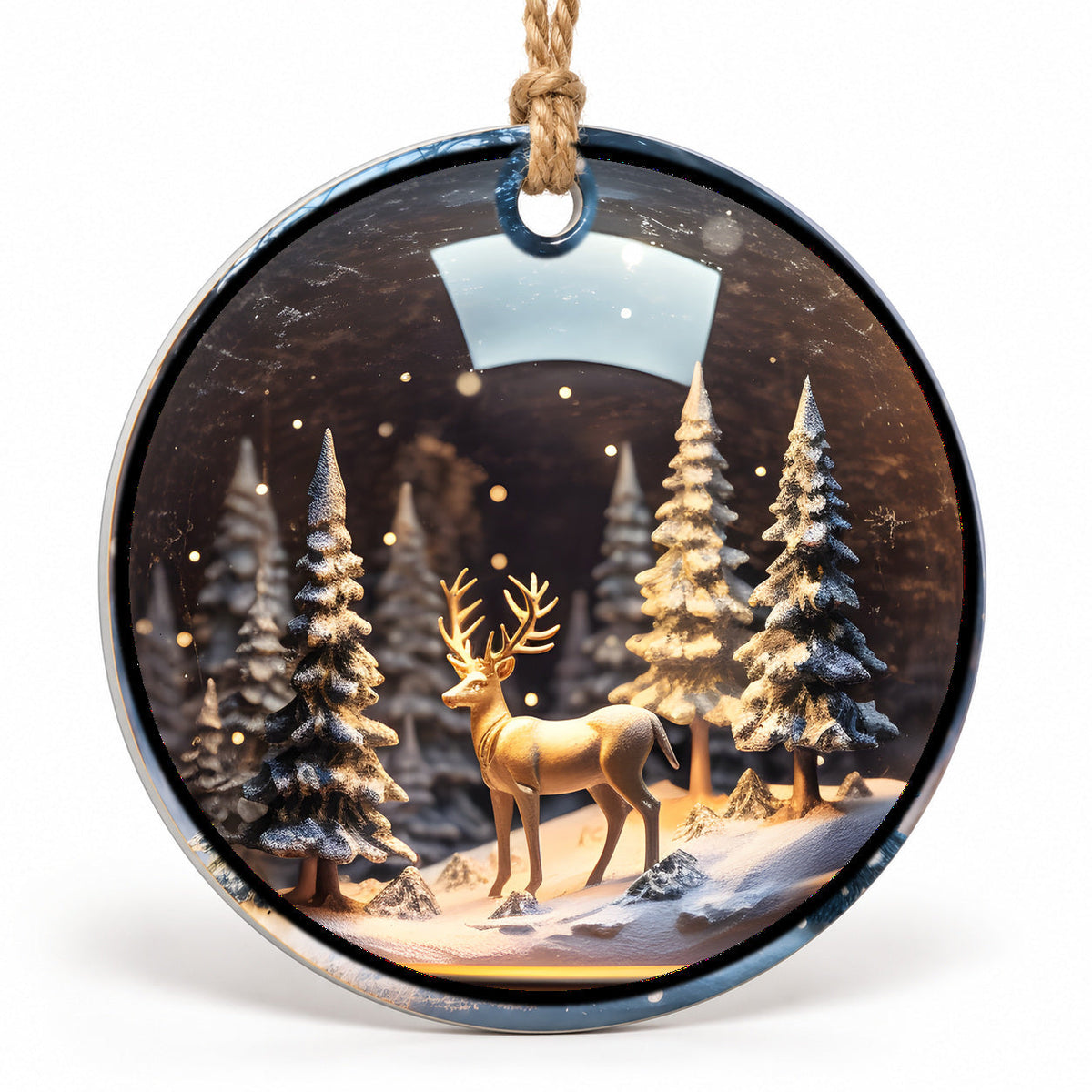 Winter Reindeer Flat Sublimation Ornament – Design 30 shown as a flat round ornament with drilled hole and jute hanging cord