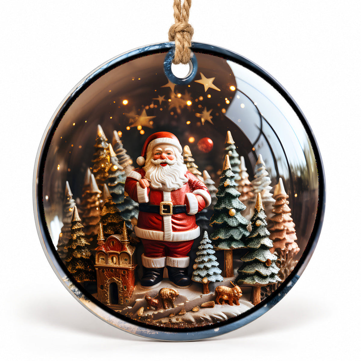 Santa Castle Flat Sublimation Ornament – Design 34 shown as a flat round ornament with drilled hole and jute hanging cord