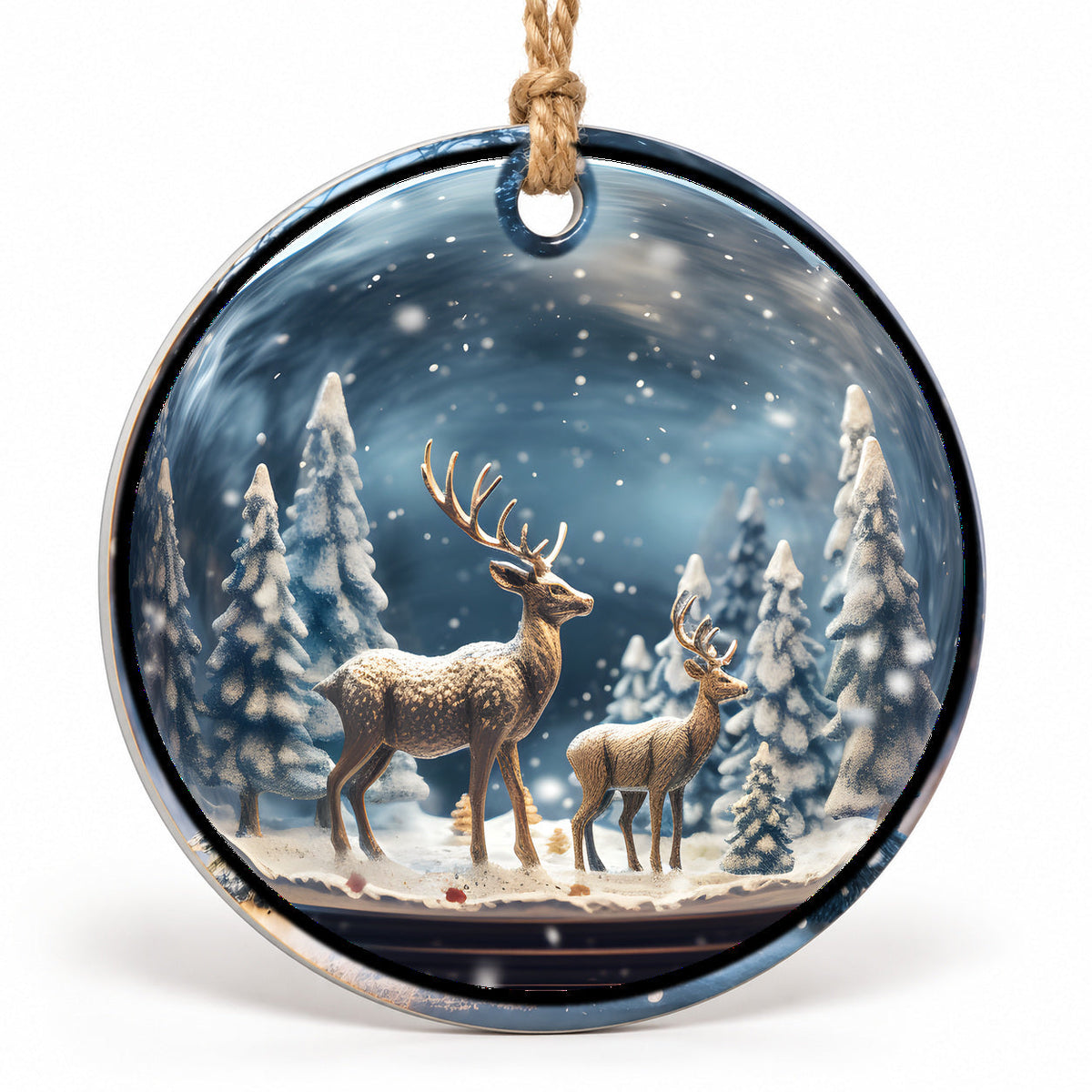Reindeer Forest Flat Sublimation Ornament – Design 41 shown as a flat round ornament with drilled hole and jute hanging cord