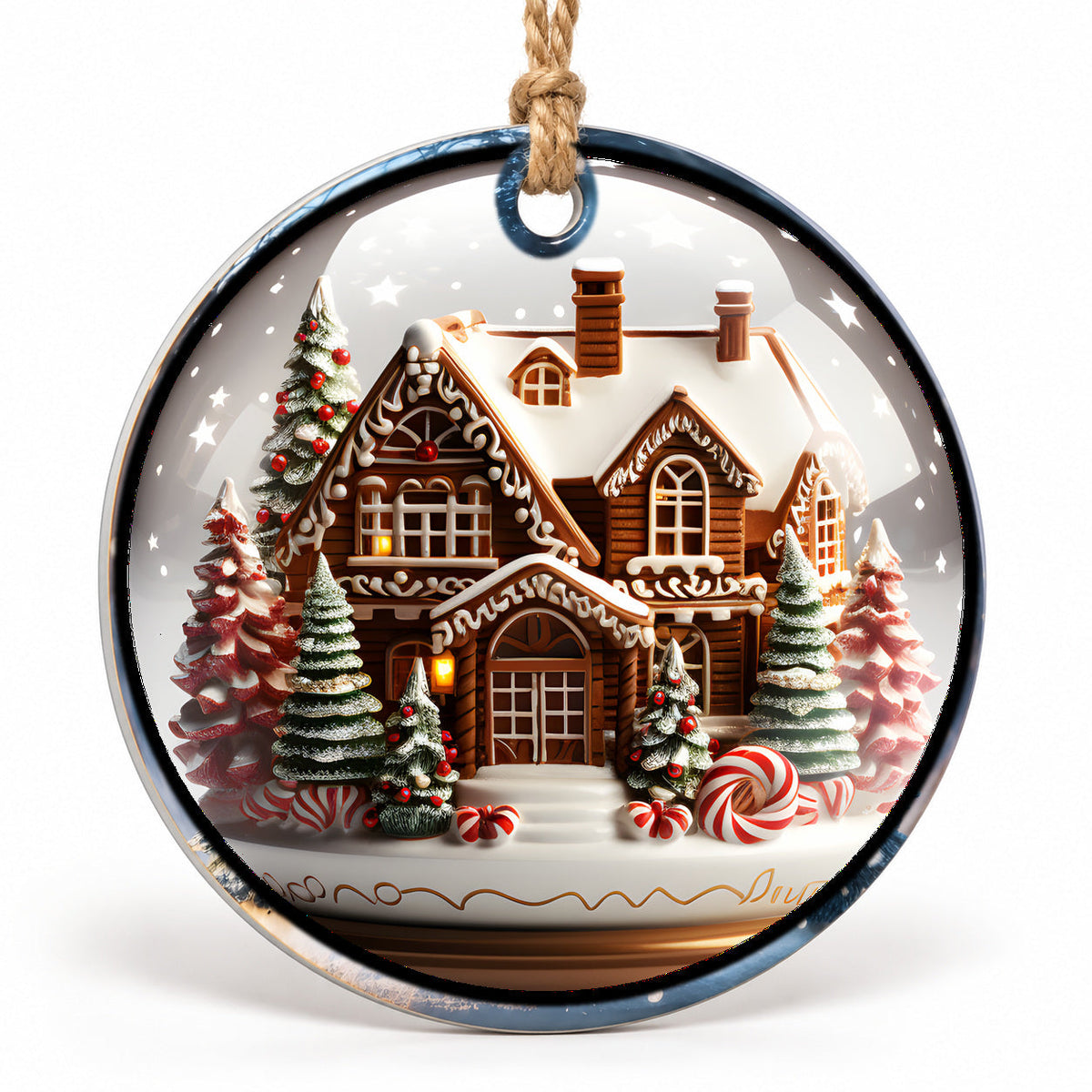 Gingerbread Mansion Flat Sublimation Ornament – Design 42 shown as a flat round ornament with drilled hole and jute hanging cord