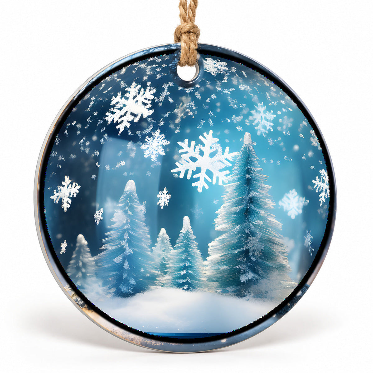 Blue Winter Trees Flat Sublimation Ornament – Design 44 shown as a flat round ornament with drilled hole and jute hanging cord