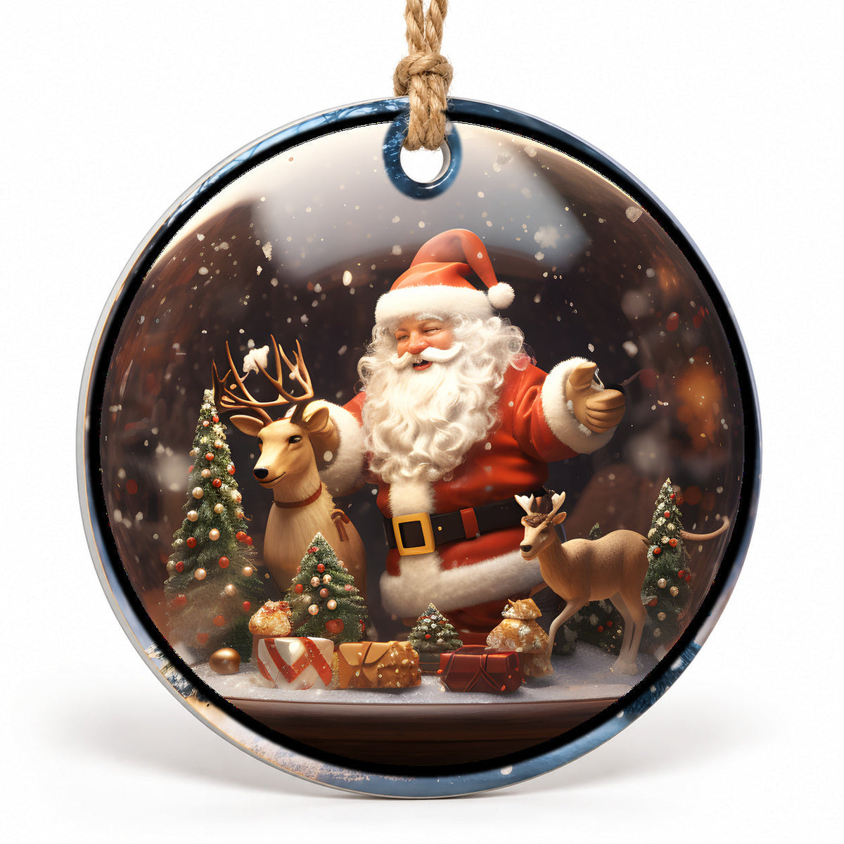 Santa Reindeer and Gifts Flat Sublimation Ornament – Design 45 shown as a flat round ornament with drilled hole and jute hanging cord