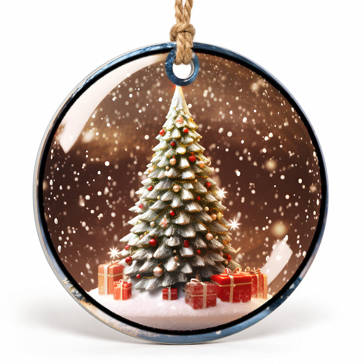 Christmas Tree with Presents Flat Sublimation Ornament – Design 49 shown as a flat round ornament with drilled hole and jute hanging cord