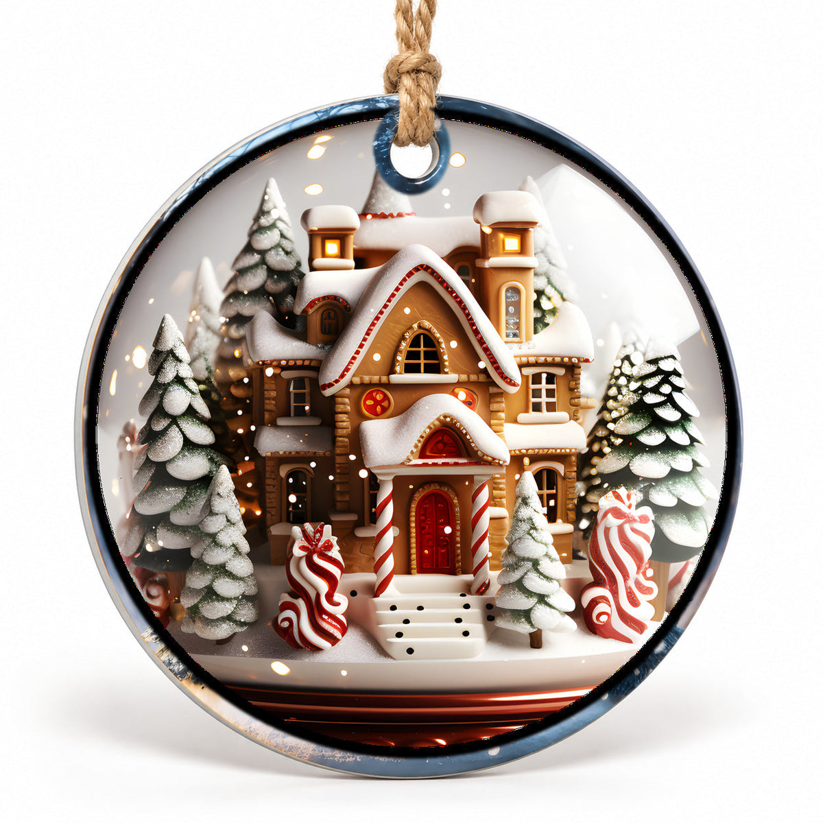 Candy Cane Mansion Flat Sublimation Ornament – Design 52 shown as a flat round ornament with drilled hole and jute hanging cord