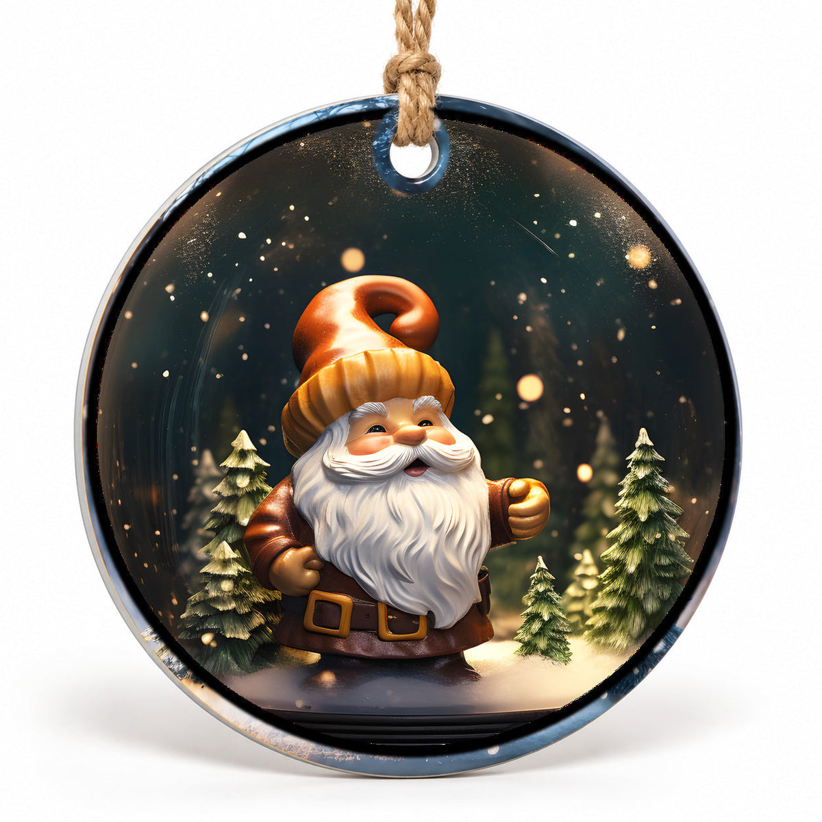 Orange Hat Gnome Flat Sublimation Ornament – Design 53 shown as a flat round ornament with drilled hole and jute hanging cord