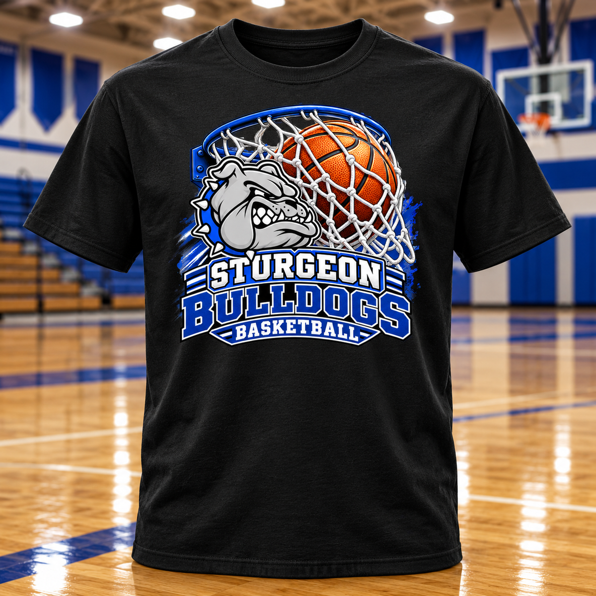 Sturgeon Bulldogs Basketball Fan T-Shirt with basketball gym background