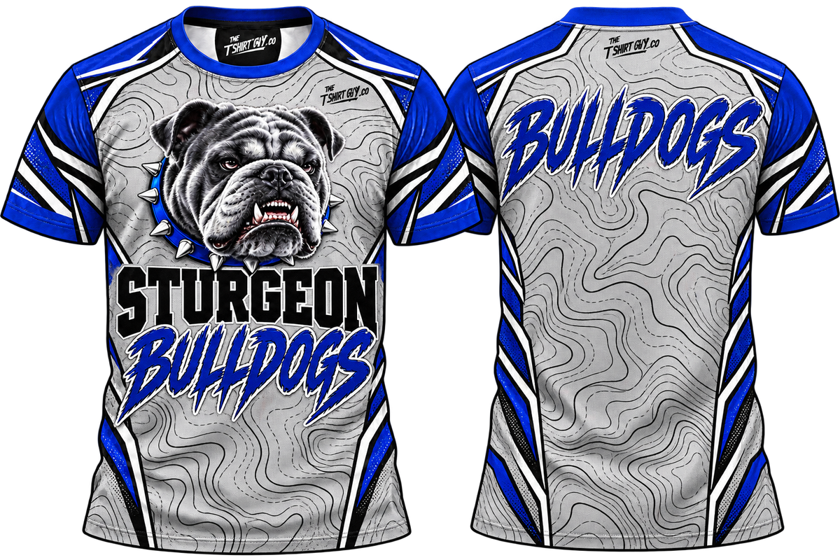 Silver Topography Sturgeon Bulldogs all-over-print shirt front and back