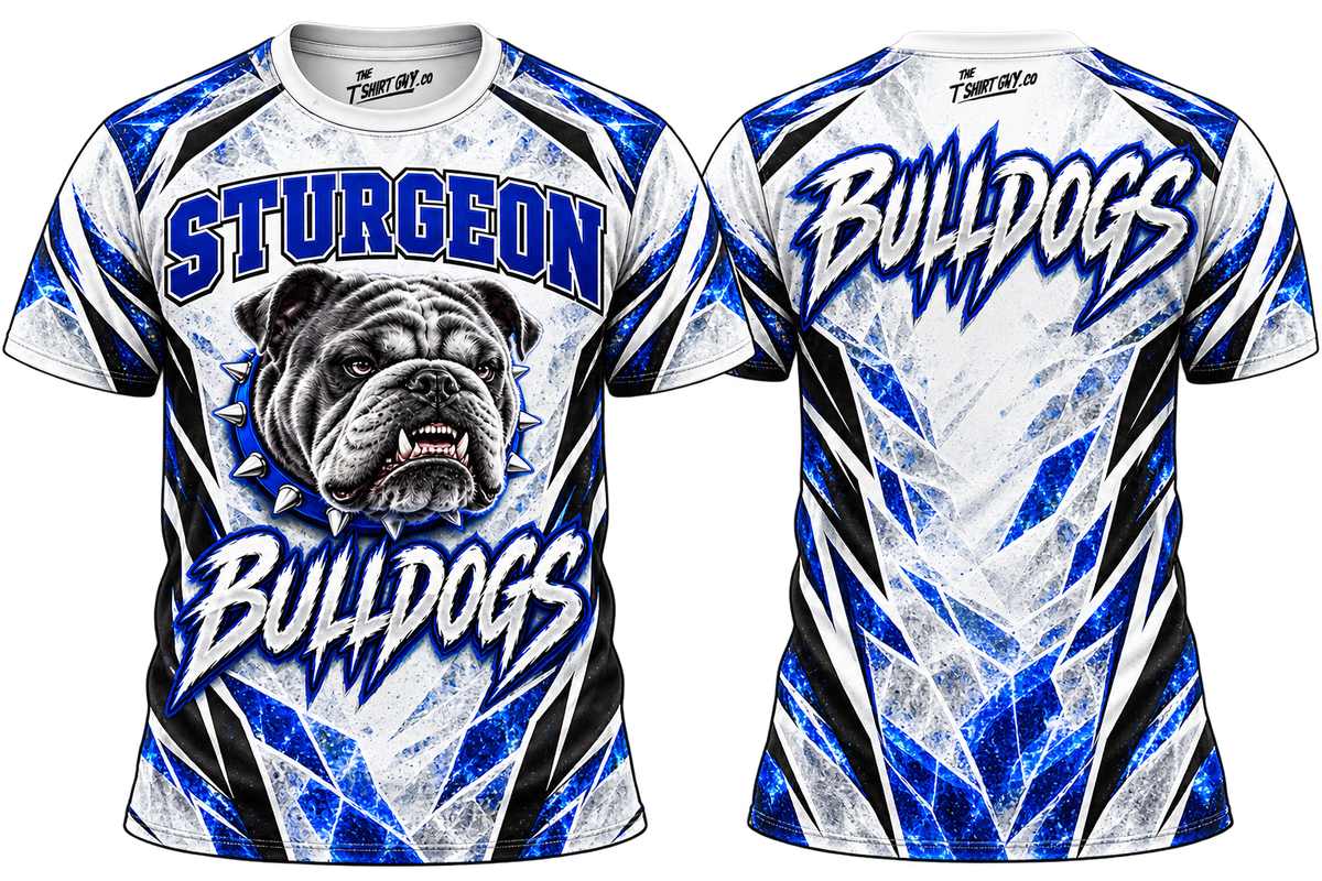 White Ice Sturgeon Bulldogs all-over-print shirt front and back