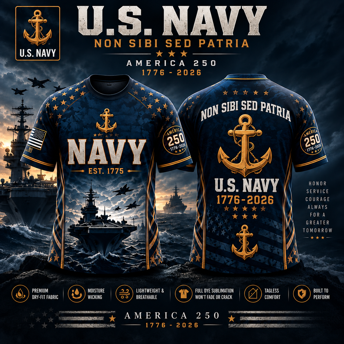 U.S. Navy America 250 all-over-print shirt front and back