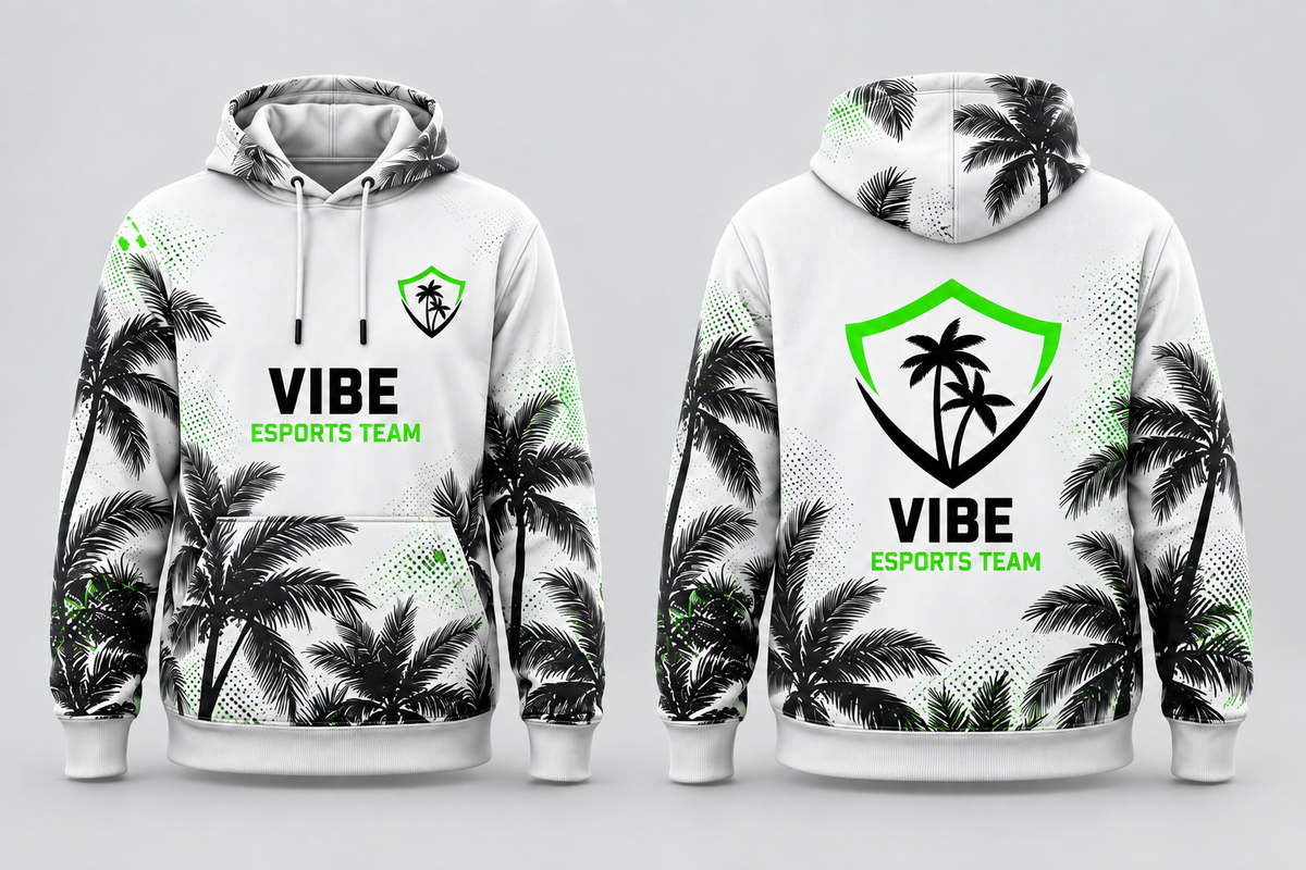 VIBE Arctic Palm All-Over Sublimation Hoodie front and back, star-free logo