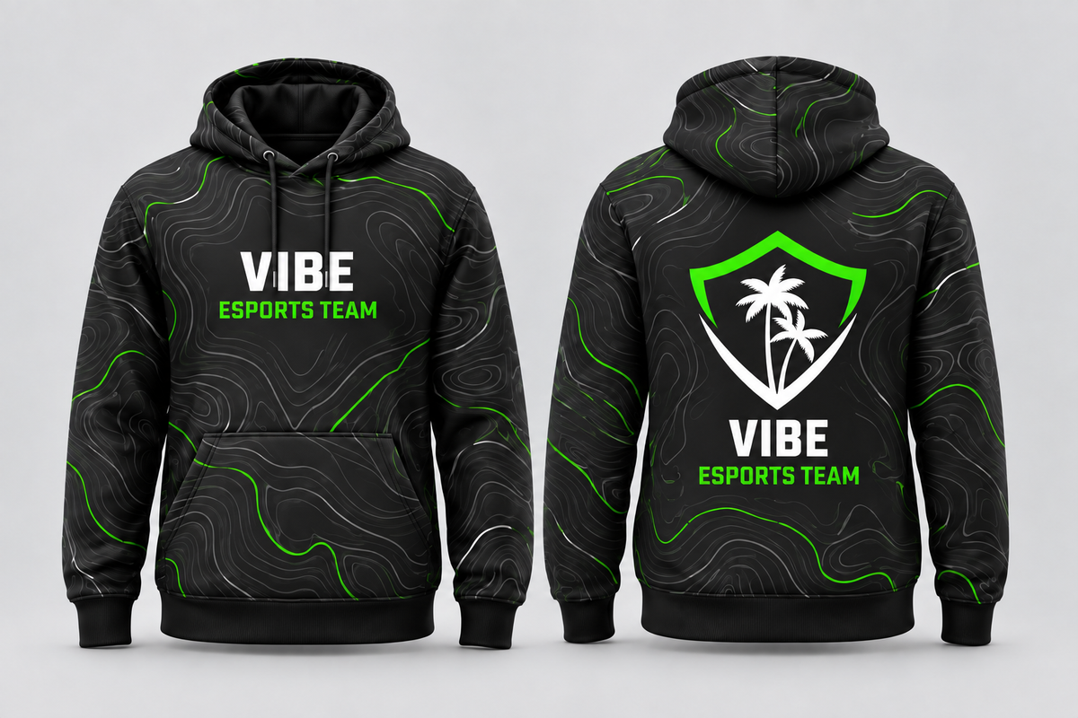 VIBE Contour All-Over Sublimation Hoodie front and back, star-free logo
